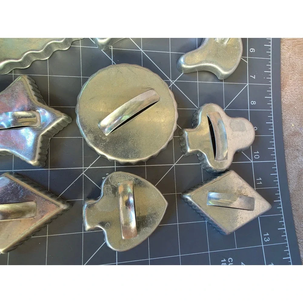 Vintage Aluminum Cookie Cutter Set 10pc Holiday Shapes Horse Tree Star Handles